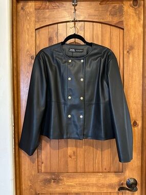 ZARA Black Faux Leather Double-Breasted Button Jacket